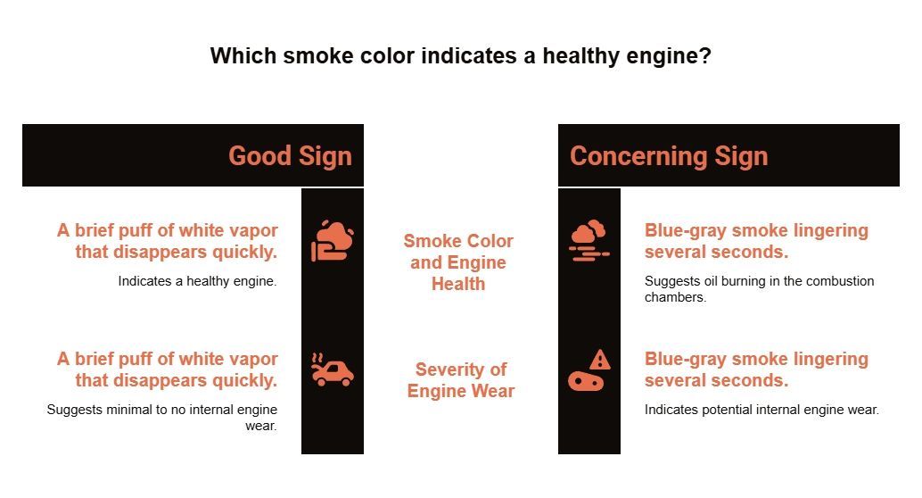 Infographic comparing smoke color as a health signal, showing brief white vapor as normal and lingering blue-gray smoke as a warning sign of oil burning and possible engine wear.