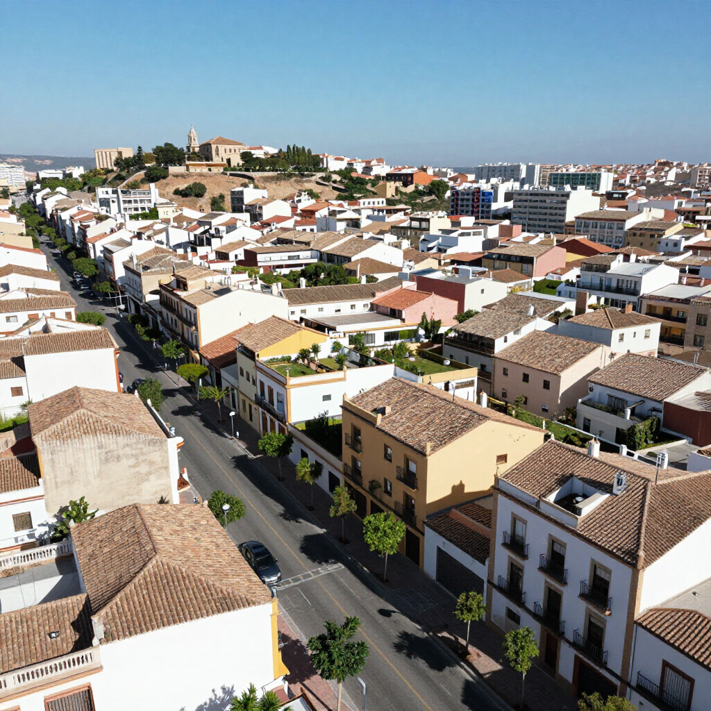 Vista aérea de un pueblo costero soleado con edificios blancos y beige y una carretera que conduce hacia el mar.