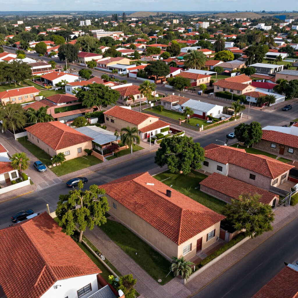 Vista aérea de un barrio residencial con casas y calles de tejados rojos a la luz del atardecer.
