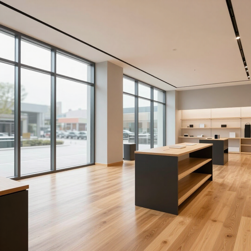 Interior de oficina moderno y minimalista con suelos de madera, grandes ventanales e islas de trabajo abiertas.