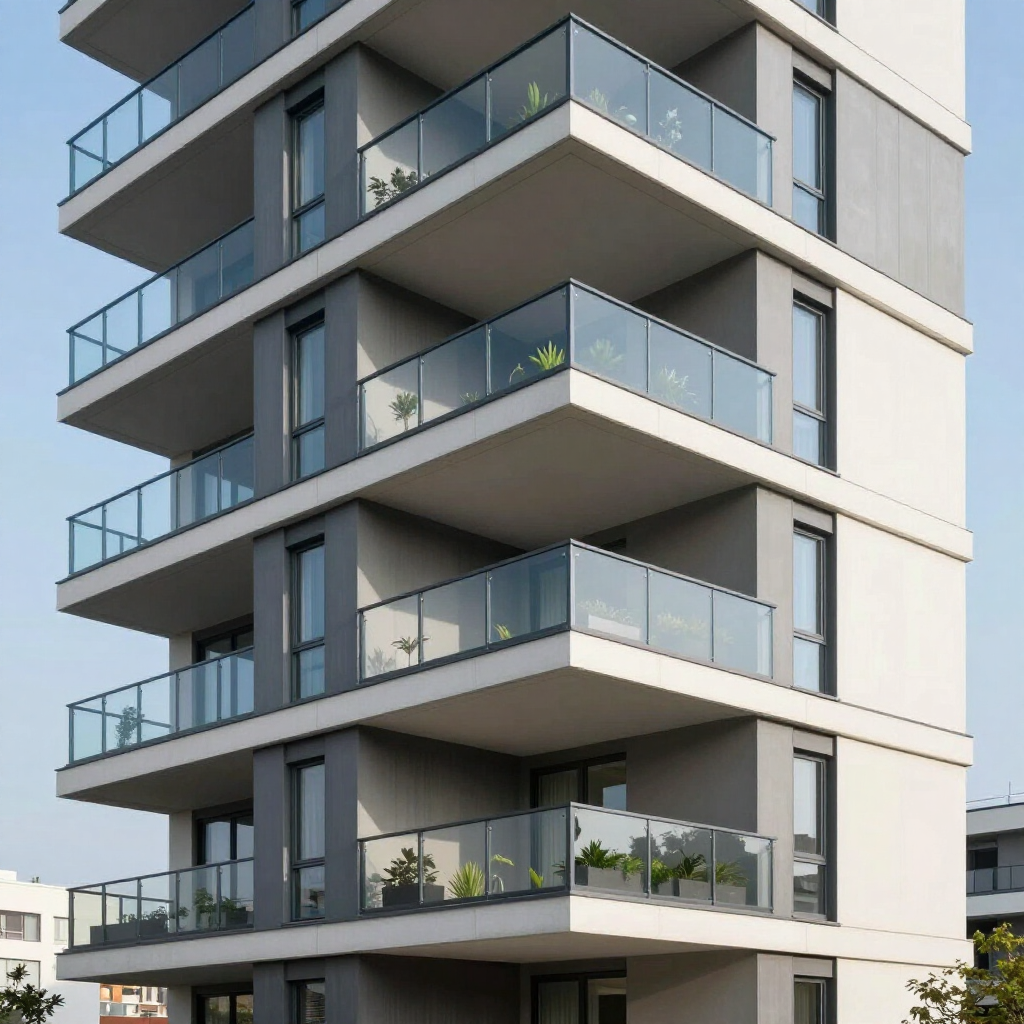 Edificio de apartamentos moderno de varias plantas con balcones de cristal y fachada gris.