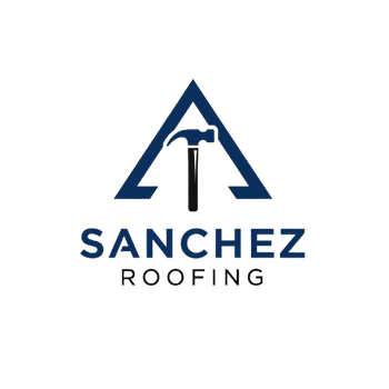 A logo for sanchez roofing with a hammer in the middle of a triangle.