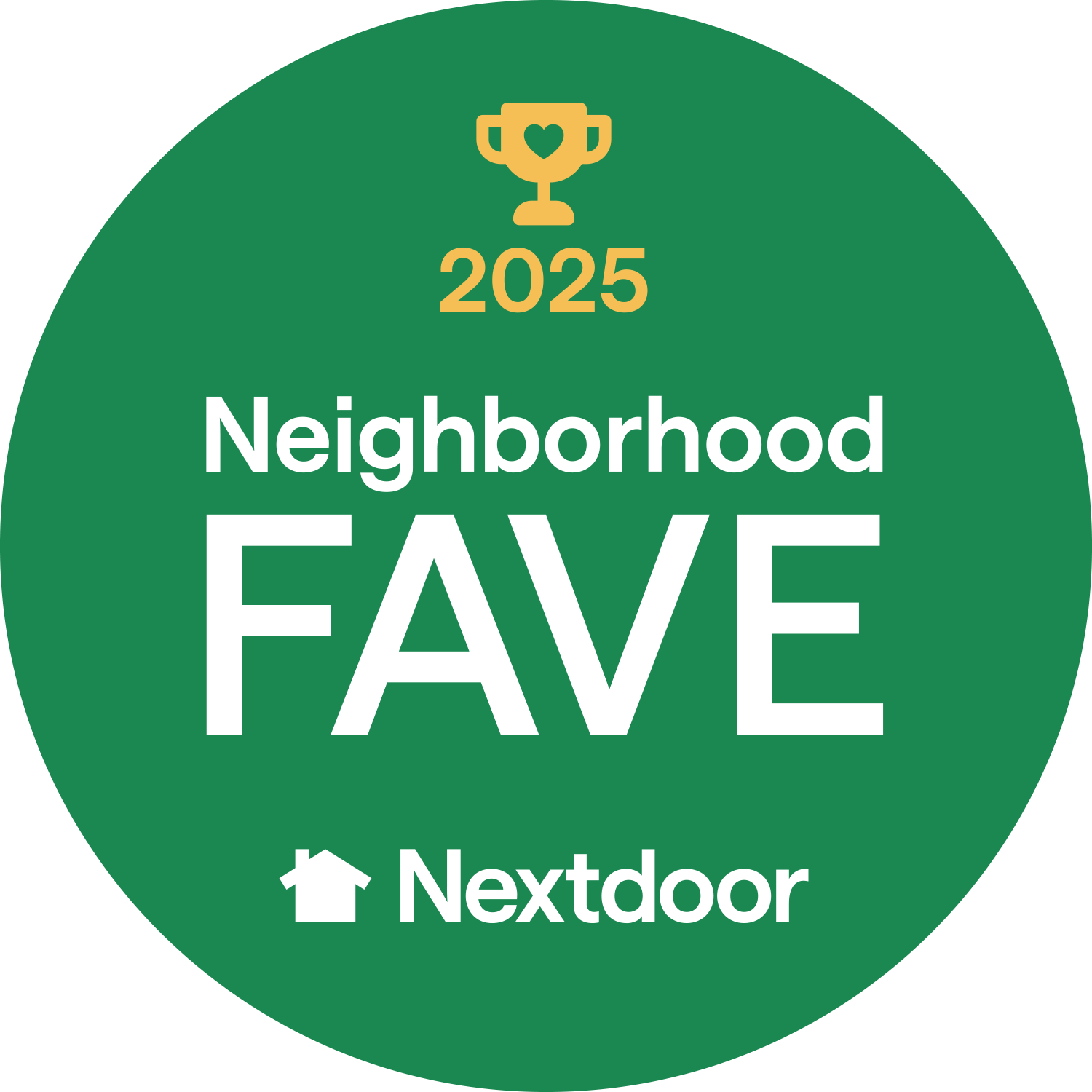 Green Nextdoor Neighborhood FAVE award badge for 2025, with a trophy icon.