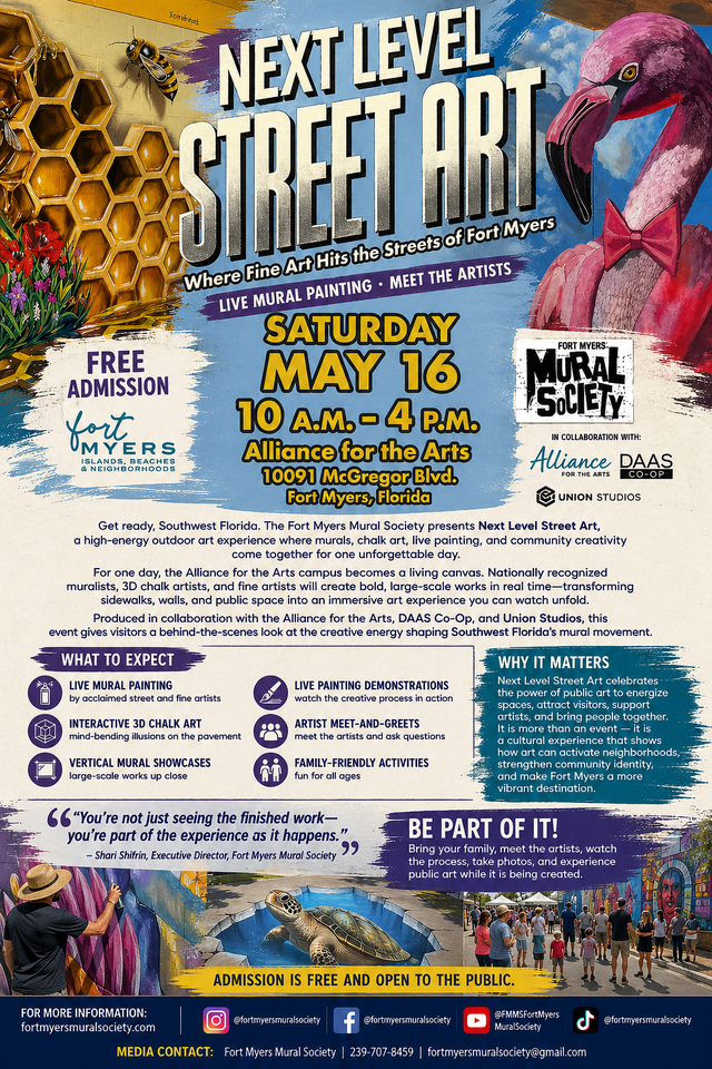 Next Level Street Art festival poster with colorful murals, event details, and Saturday May 16 at Allegany Commons