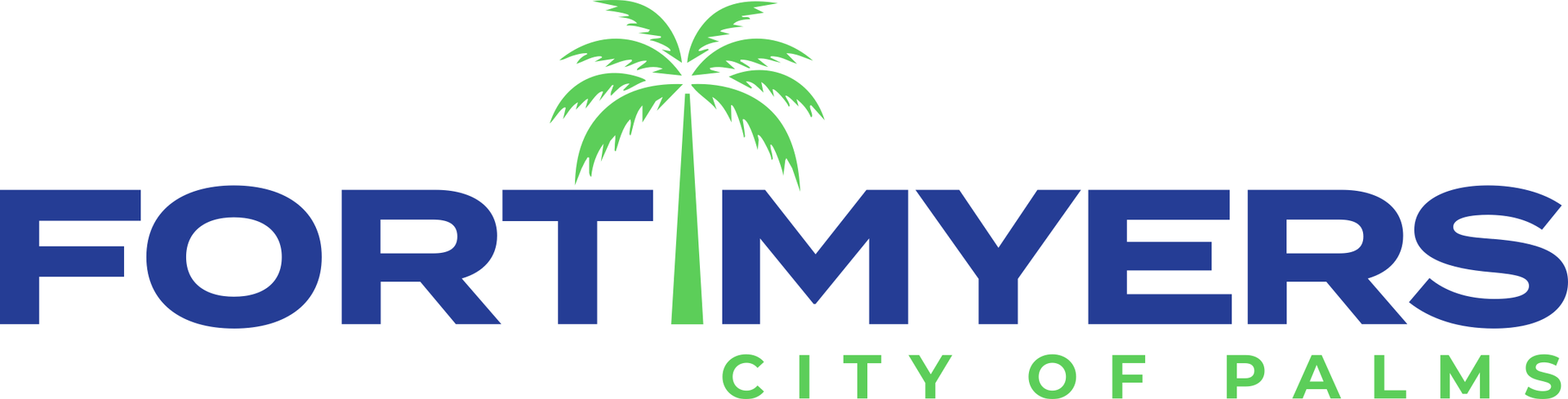 Fort Myers city logo with blue text and a green palm tree above it