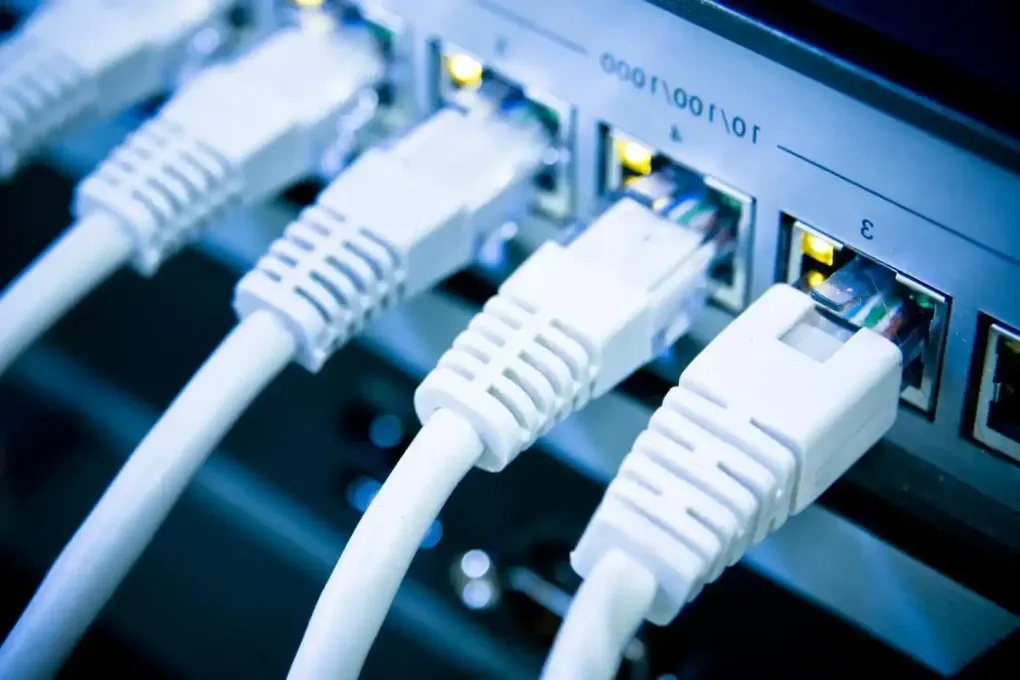 Cavi Ethernet bianchi collegati a uno switch di rete.