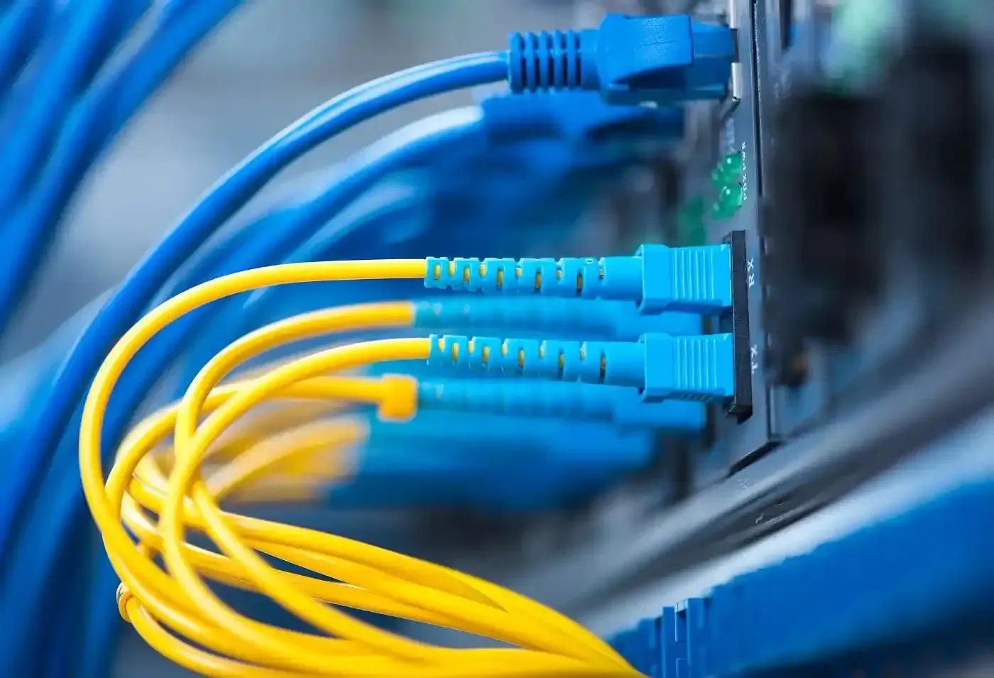 Cavi in ​​fibra ottica blu e gialli collegati a uno switch di rete.