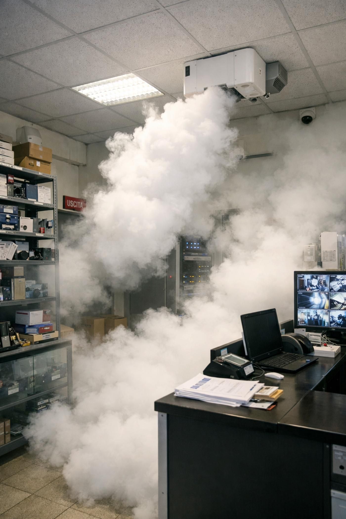 Un denso fumo bianco fuoriesce da un dispositivo montato sul soffitto di un ufficio disordinato.