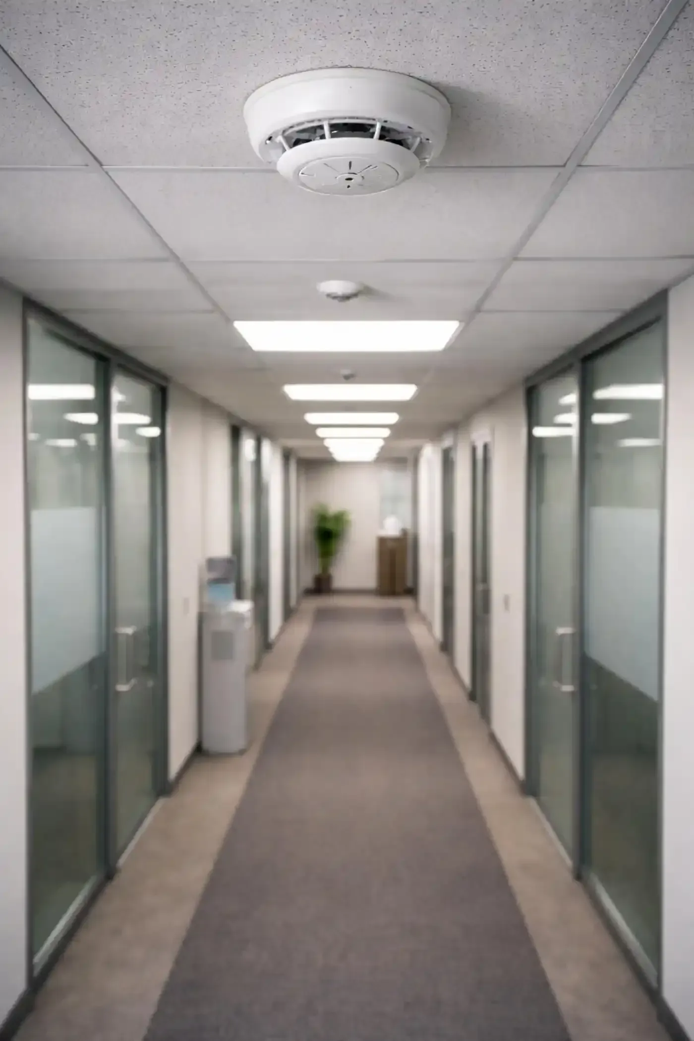 Corridoio con uffici con pareti in vetro, illuminazione da incasso, moquette e rilevatore di fumo sul soffitto.