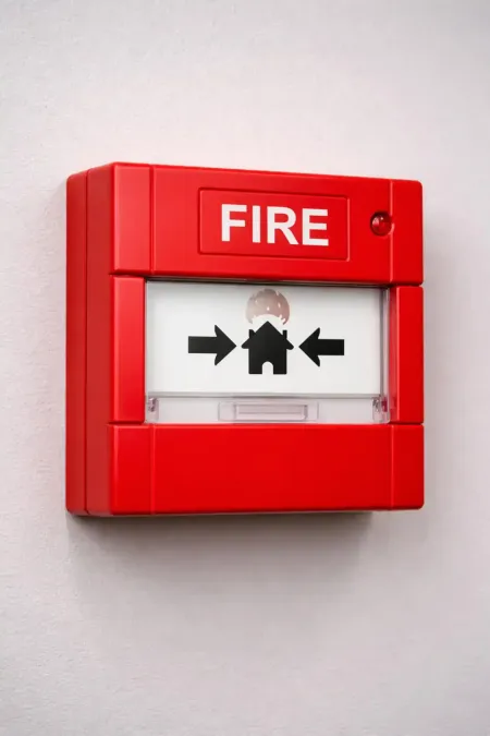 Scatola rossa di allarme antincendio montata su una parete bianca, con l'etichetta