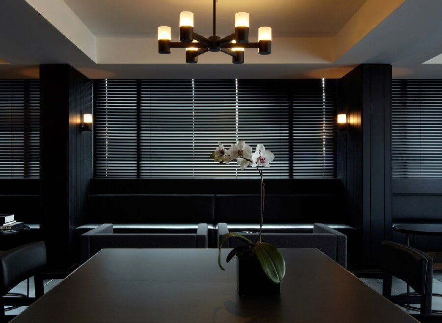 Venetian Blinds Installed in a Black Themed Dining Room | Venetian Blinds in Mackay