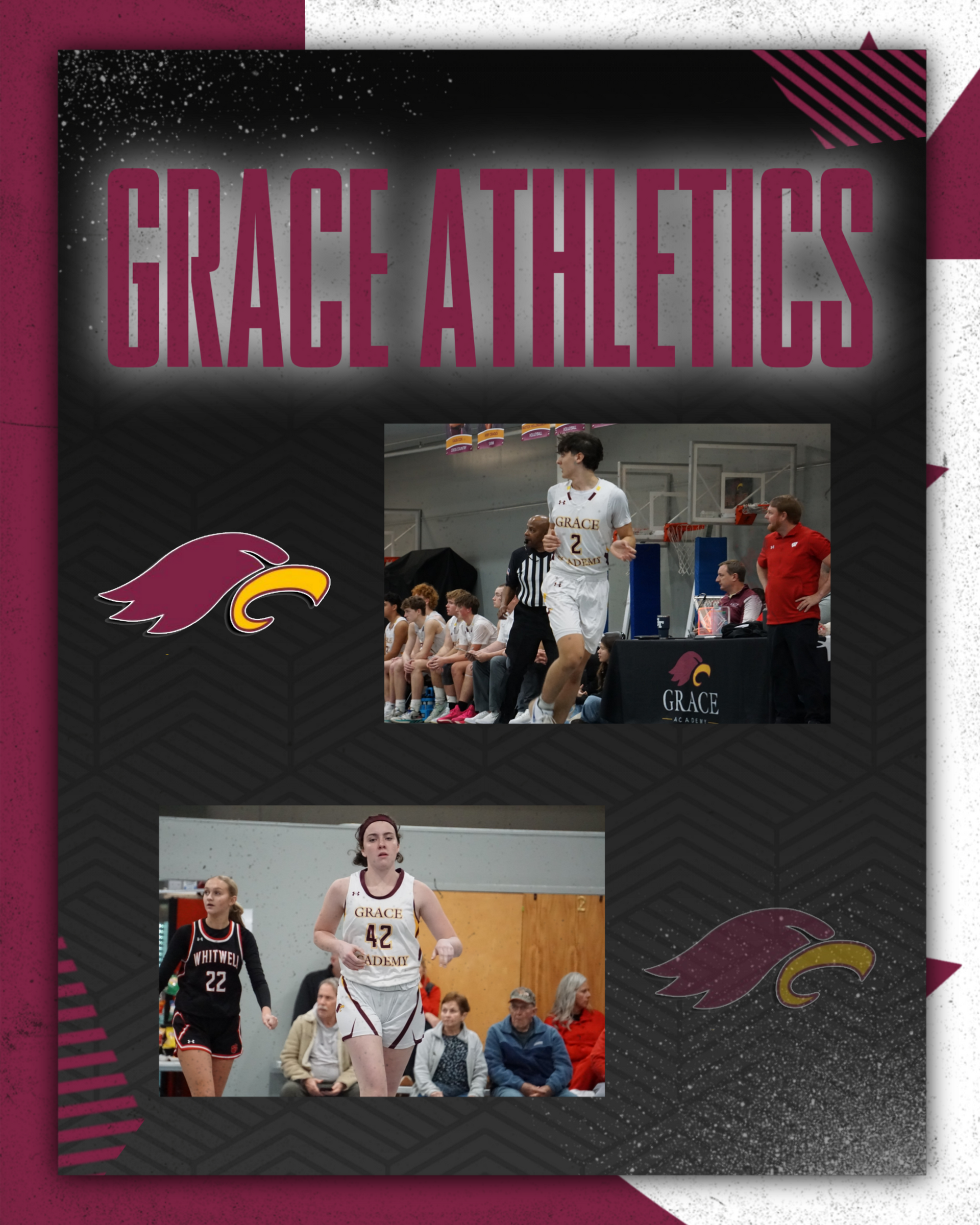 A girls' soccer team in maroon uniforms kneels on a grassy field with their coach.