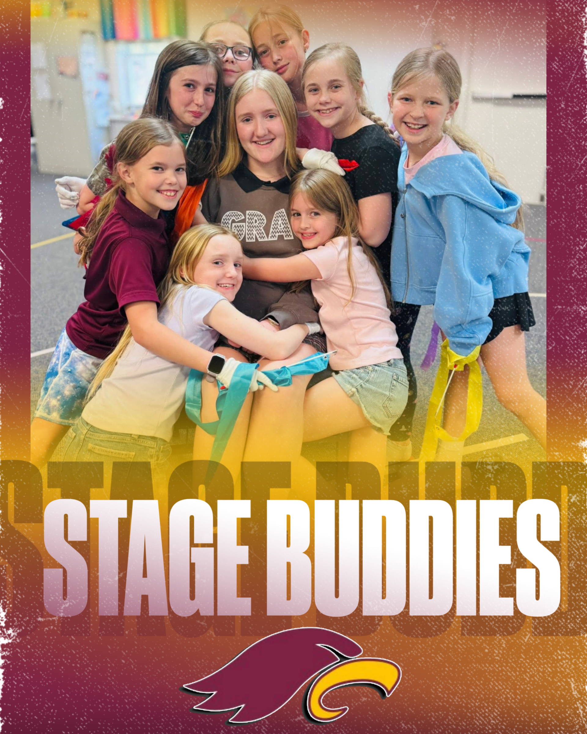 Four smiling children in school uniforms, two boys and two girls, posing indoors.