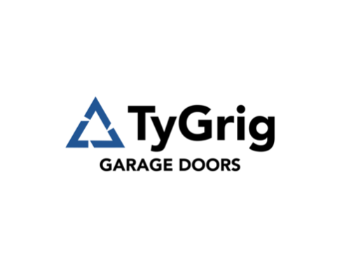 Logo for TyGrig Garage Doors: blue triangle with a garage door illustration and black text on white background.