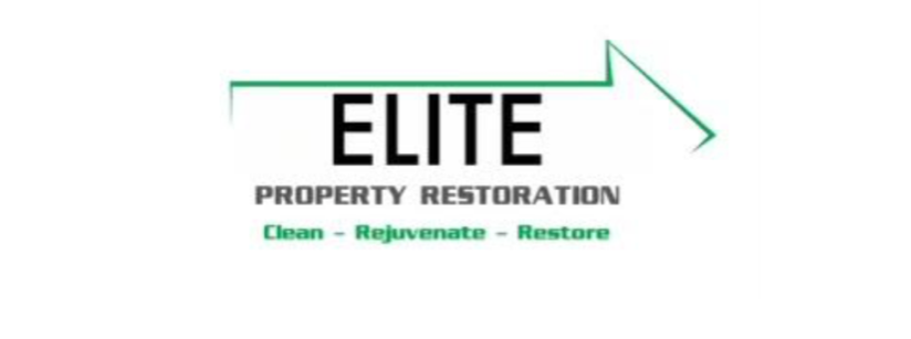 Logo for Elite Property Restoration, featuring text and house-like shape in green.