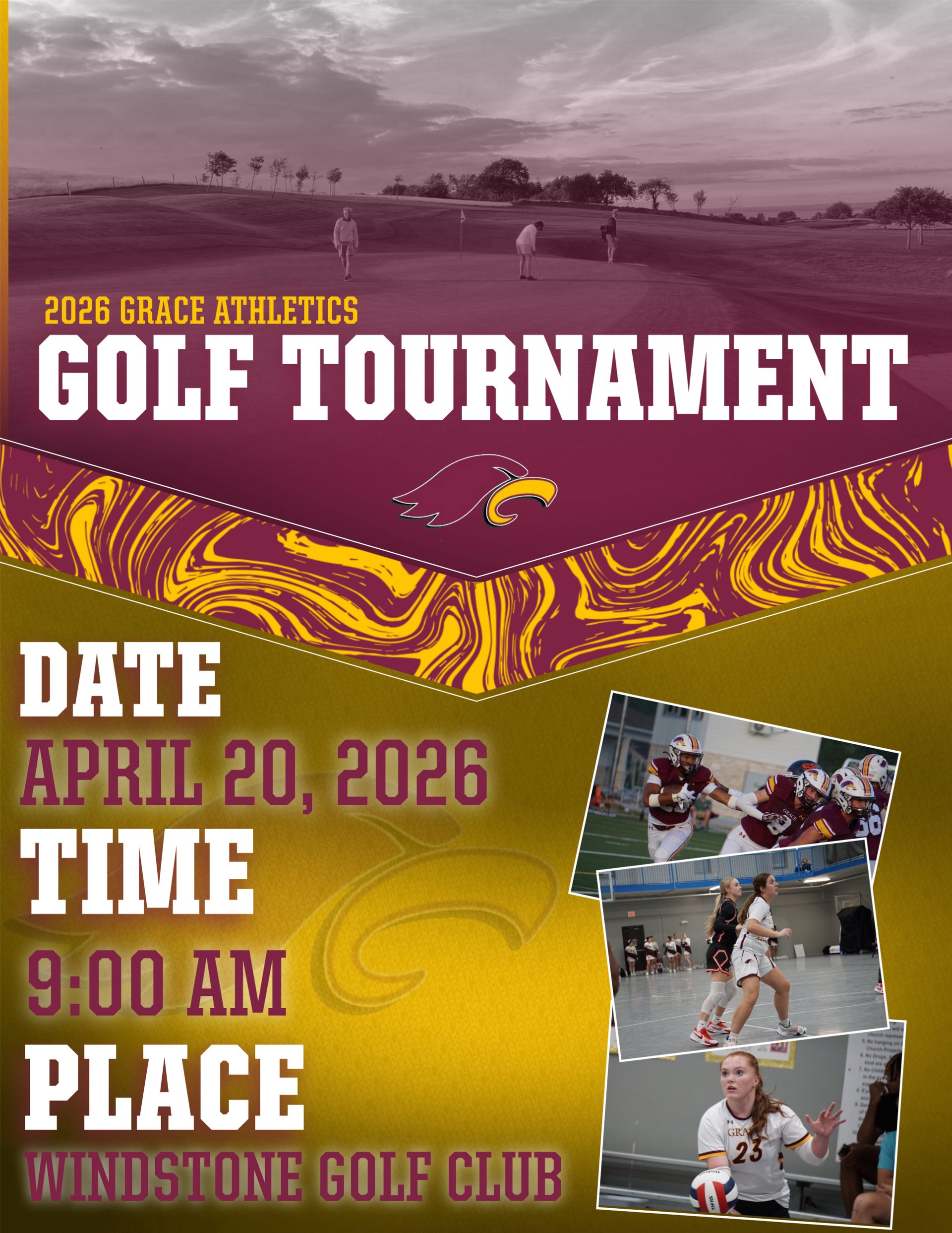 Golf tournament flyer: Golden Eagle Golf Tournament at Windstone Golf Club, April 30th, 2024. Sponsorship levels: Title, Golden Eagle, Birdie, Hole.