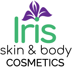 A logo for iris skin and body cosmetics with a purple flower.