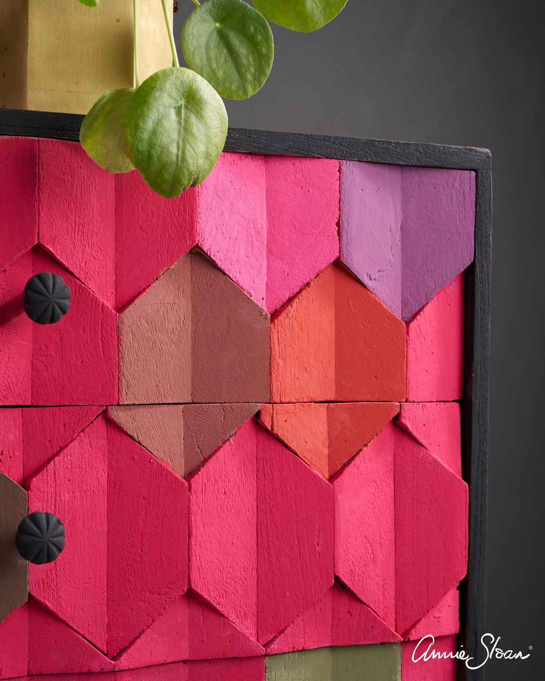 A close up of a pink dresser with a plant in the background.