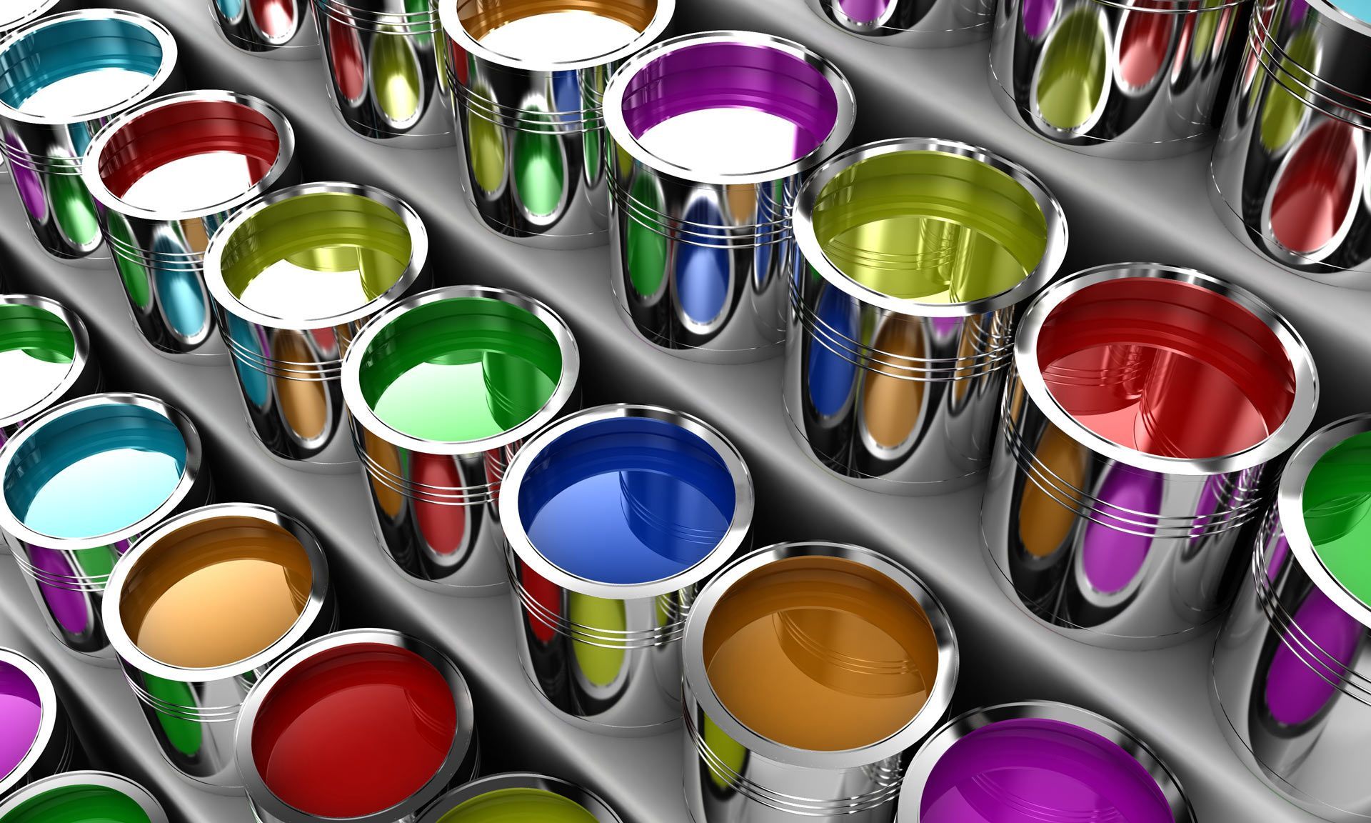 Open paint cans with vibrant colors including red, blue, green, and orange for painting projects. Open paint cans with vibrant colors including red, blue, green, and orange for painting projects.