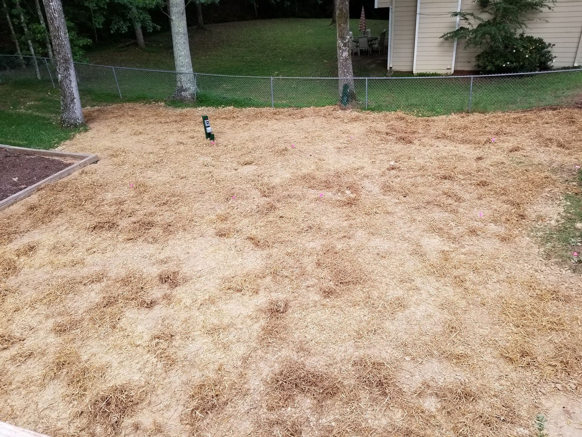 A pile of wood chips in a backyard next to a fence.