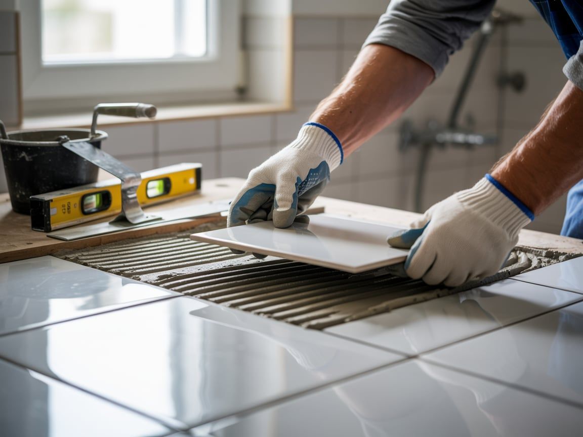 Person wearing gloves laying white tile with tools in a bathroom.