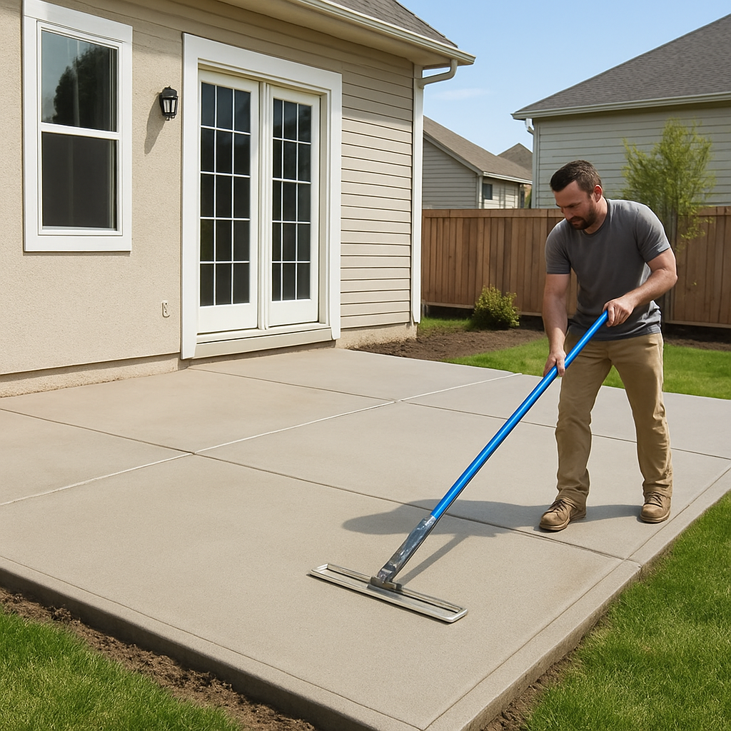 Man using a concrete rake on a newly poured concrete patio. Exterior setting, sunny day.