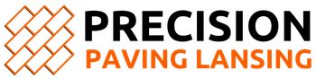A logo for precision paving lansing with a brick pattern