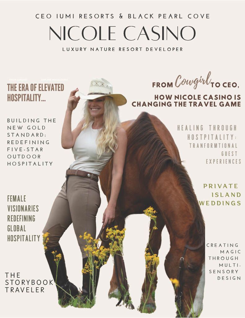 Woman in cowboy hat with horse; marketing material for resort.