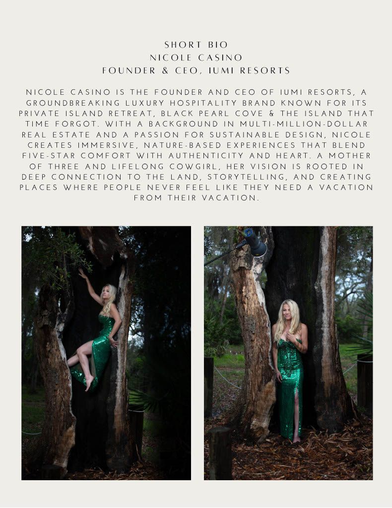 Woman in green dress poses by trees. One photo has her climbing; the other has her standing. Text above.