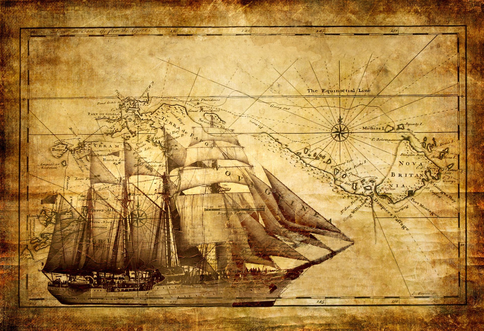 An old map with a sailboat on it