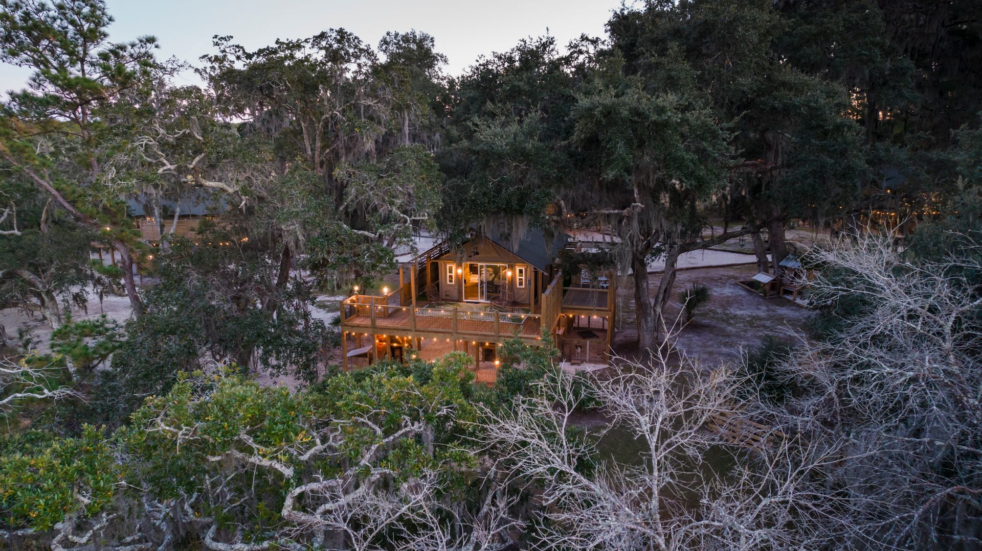 A cabin nestled in trees, illuminated by string lights. Evening setting.