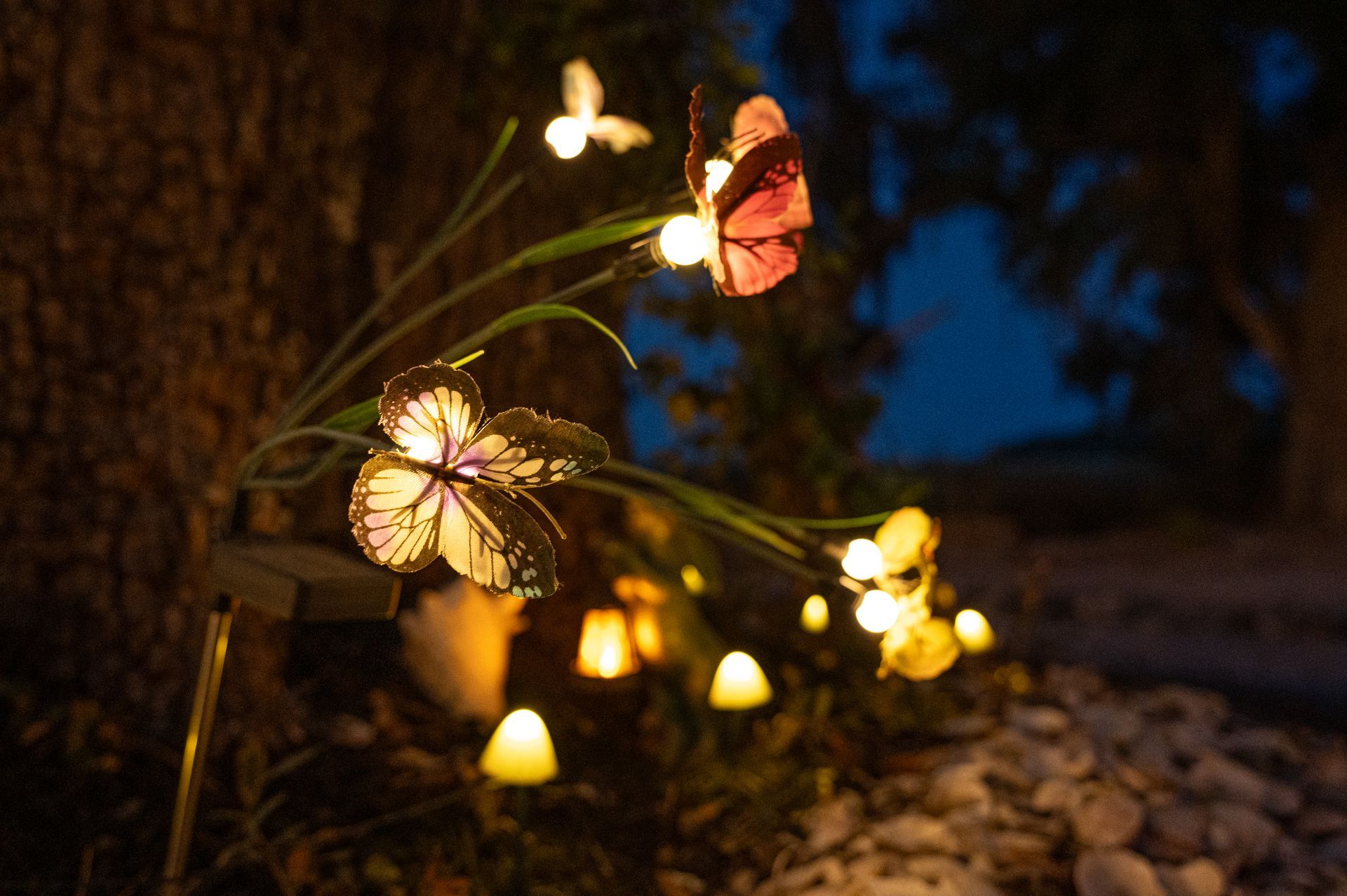 Illuminated butterfly garden sculpture at dusk. Lit butterflies and glowing mushrooms.