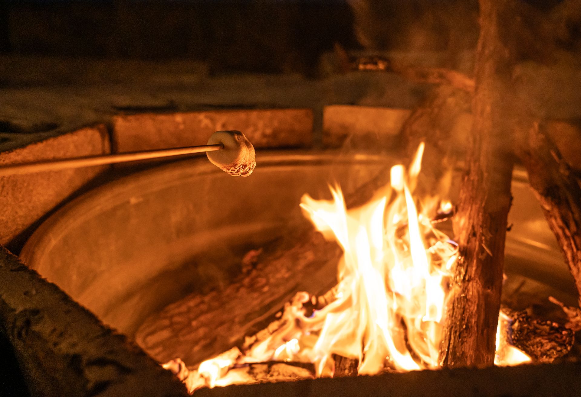 Marshmallow roasting over a campfire at night.