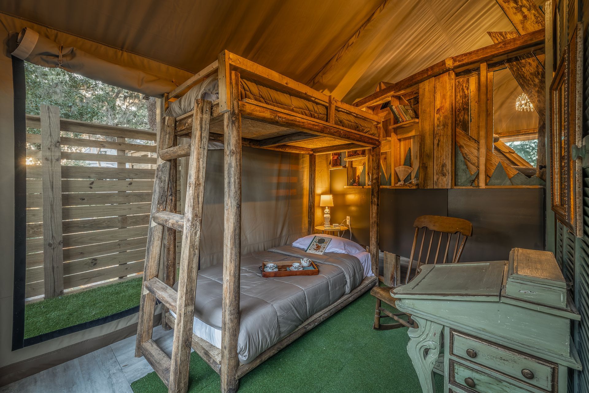 Treehouse, tent, campsite, campfire, nature, bird watching, retreat, vacation, resort, hotel, experience, family reunions