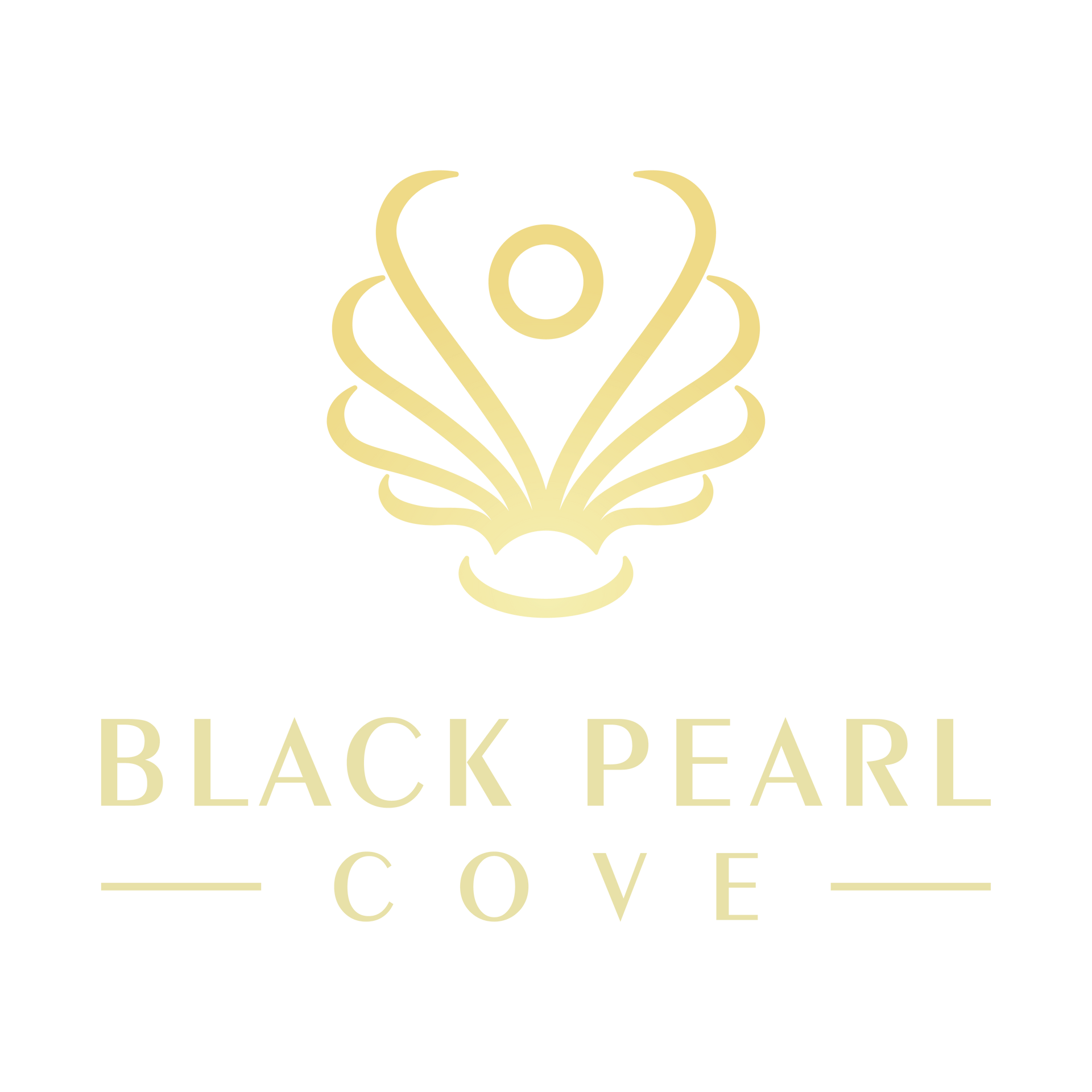The logo for black pearl cove is a shell with a circle in the middle.