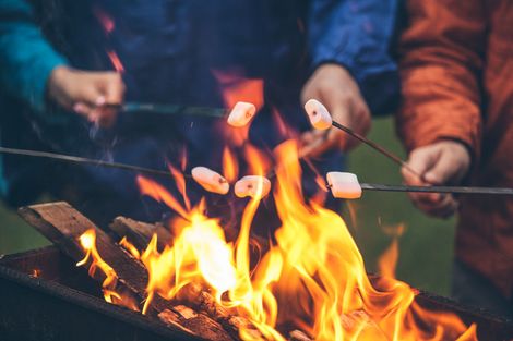 Marshmallows roasting over a campfire. Two people hold sticks with marshmallows, flames in foreground.