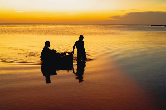 Silhouetted people carrying something in shallow water at sunset, reflecting the golden sky.