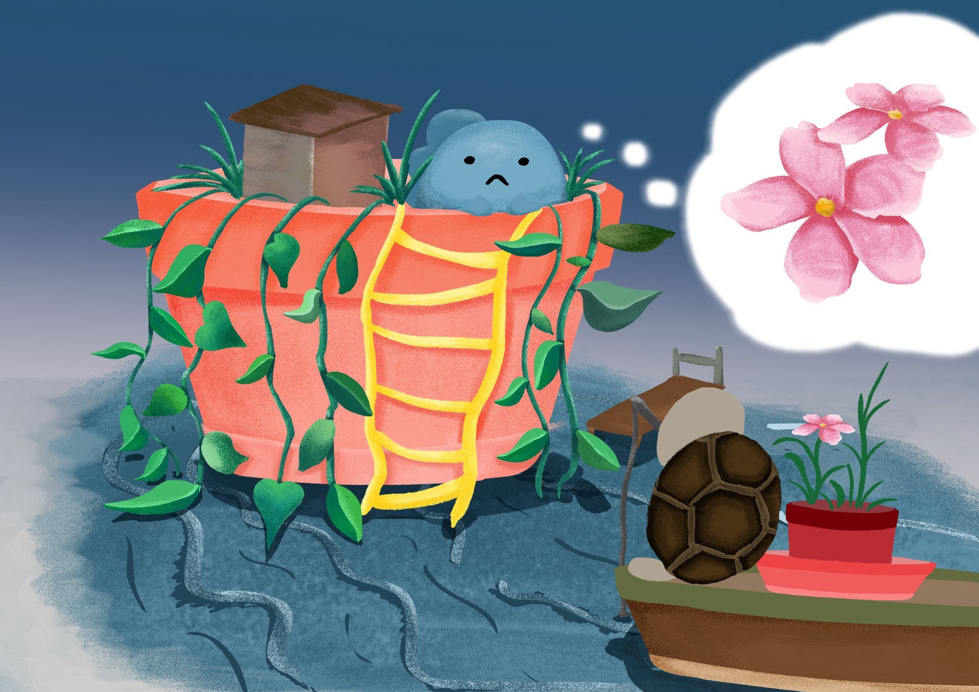 烏龜思考花的卡通畫