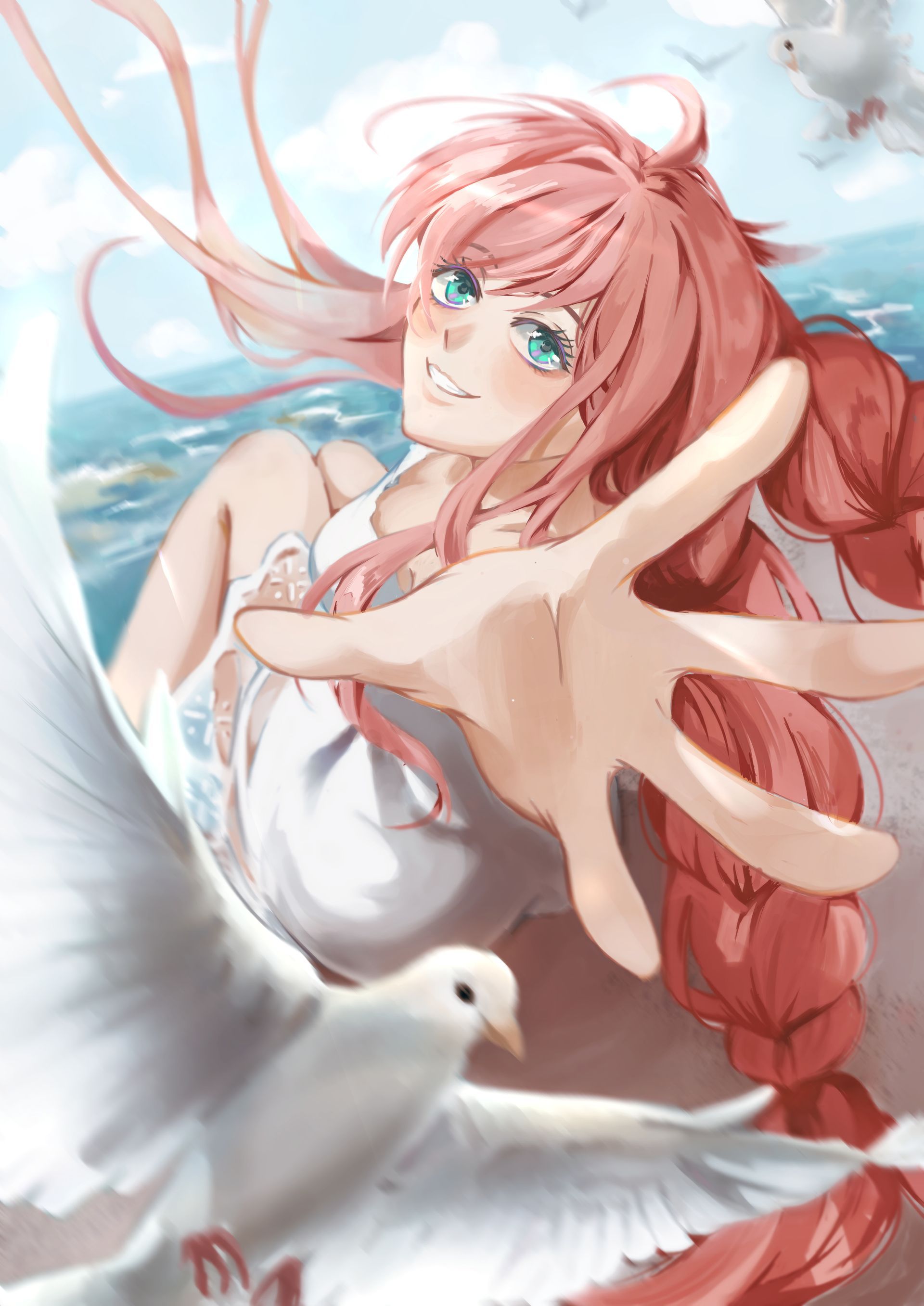 一個粉紅色頭髮的女孩正向一隻白鴿伸出手。