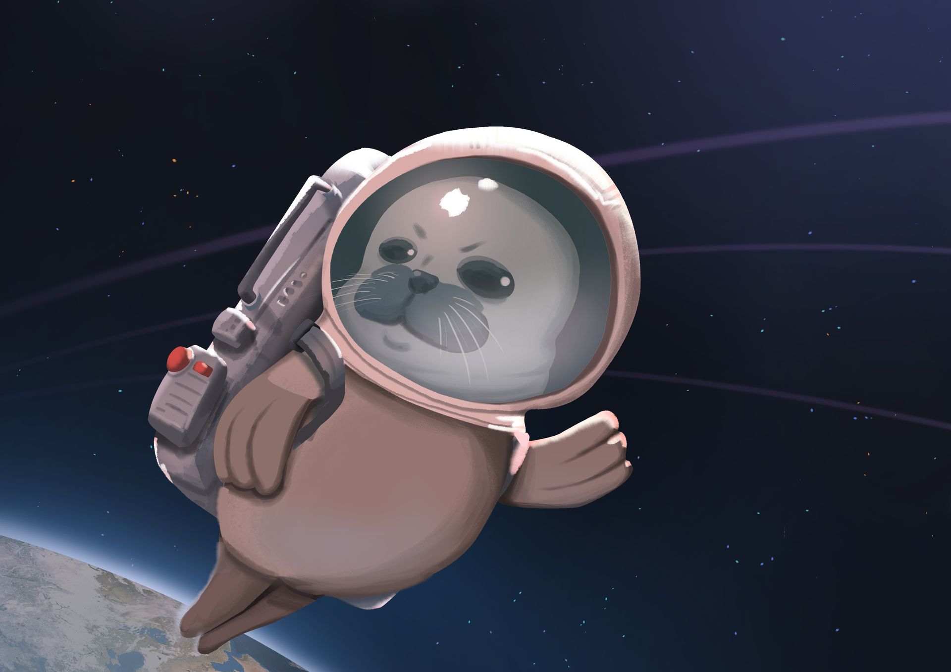 穿著太空衣的海豹漂浮在太空中