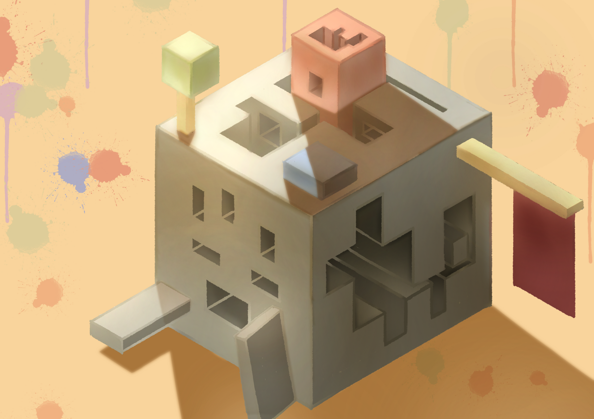 黃色背景上由區塊組成的建築物的 3D 渲染。