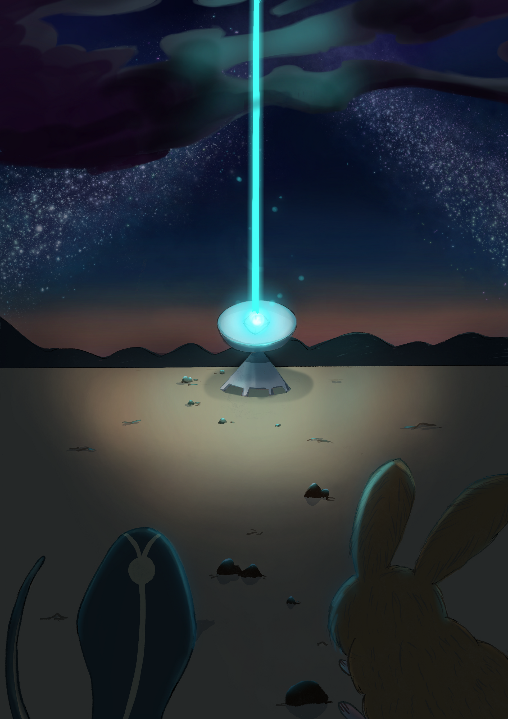 一隻兔子站在沙漠裡,看著從天而降的一道光。