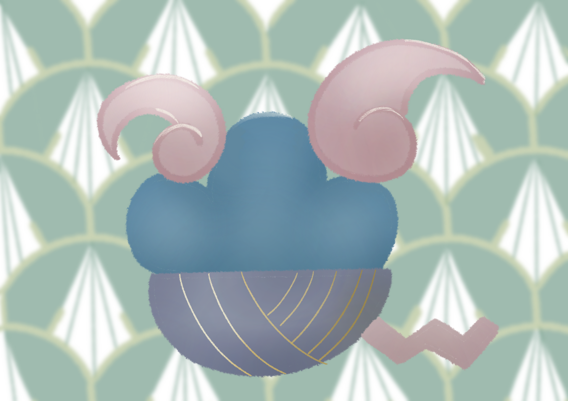 帶有圖案背景的帶有翅膀的紙杯蛋糕的卡通畫。