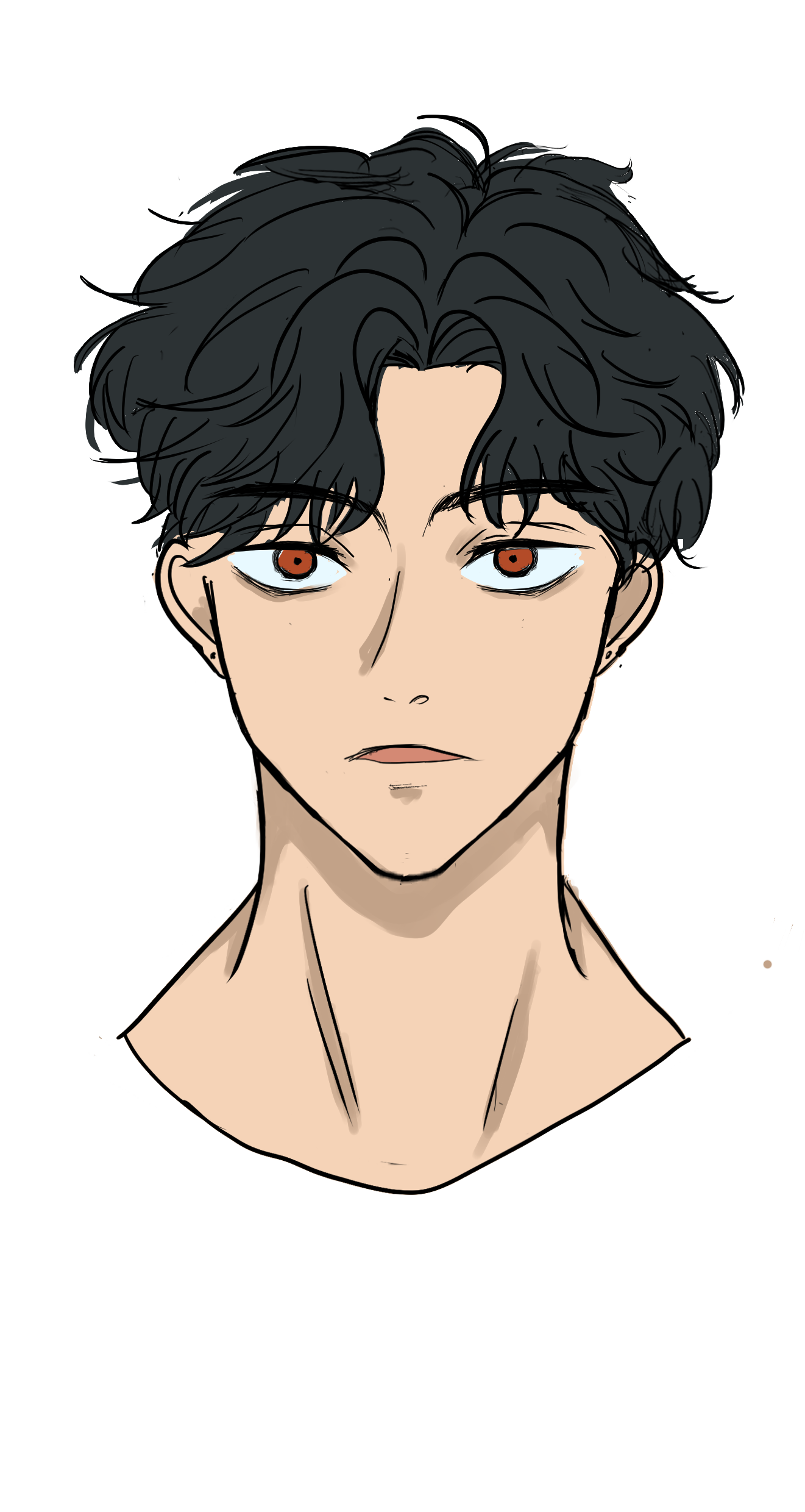 一幅黑髮、紅眼睛的男人臉的圖畫。