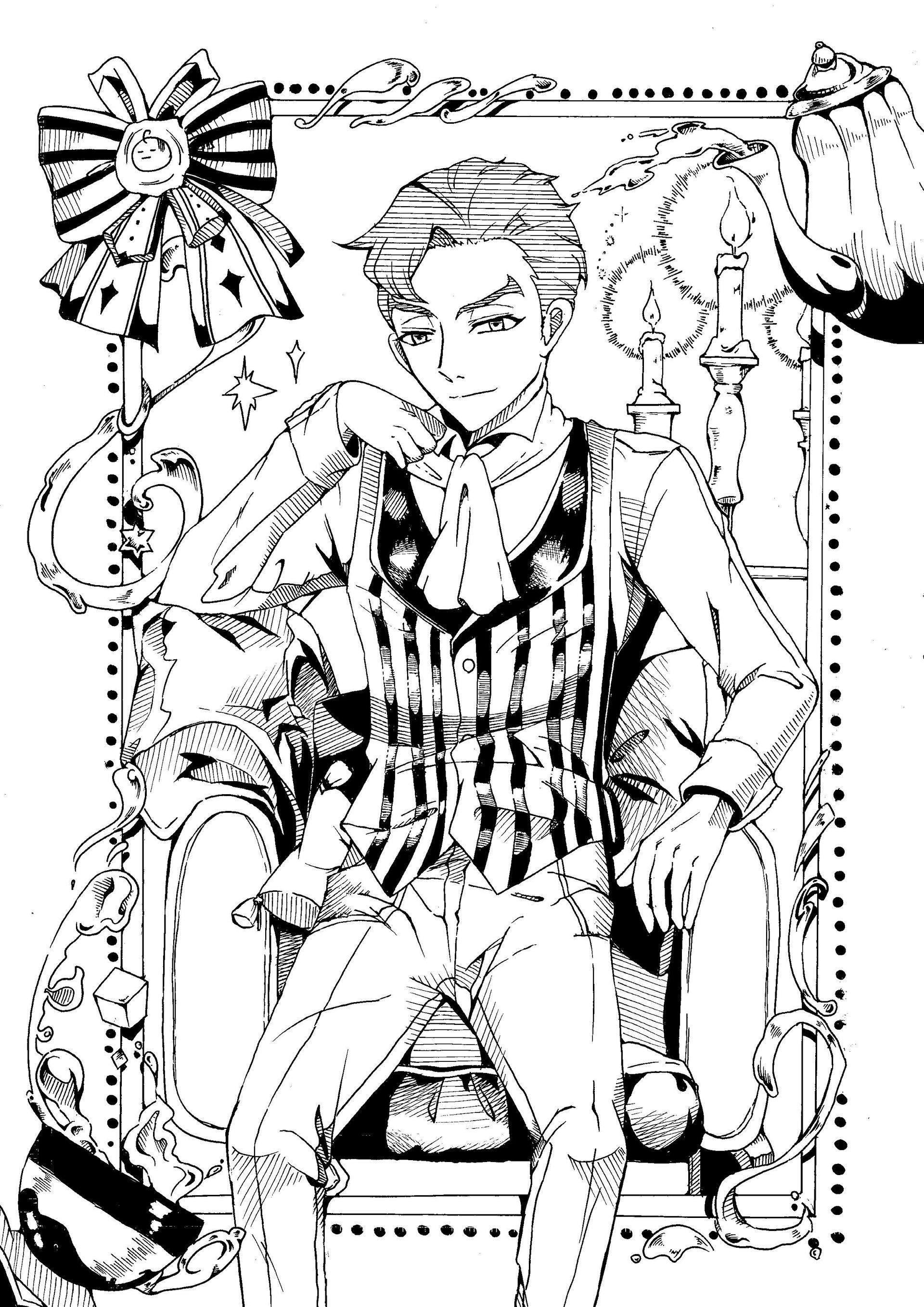 一幅黑白畫,畫的是一個坐在寶座上的男人。