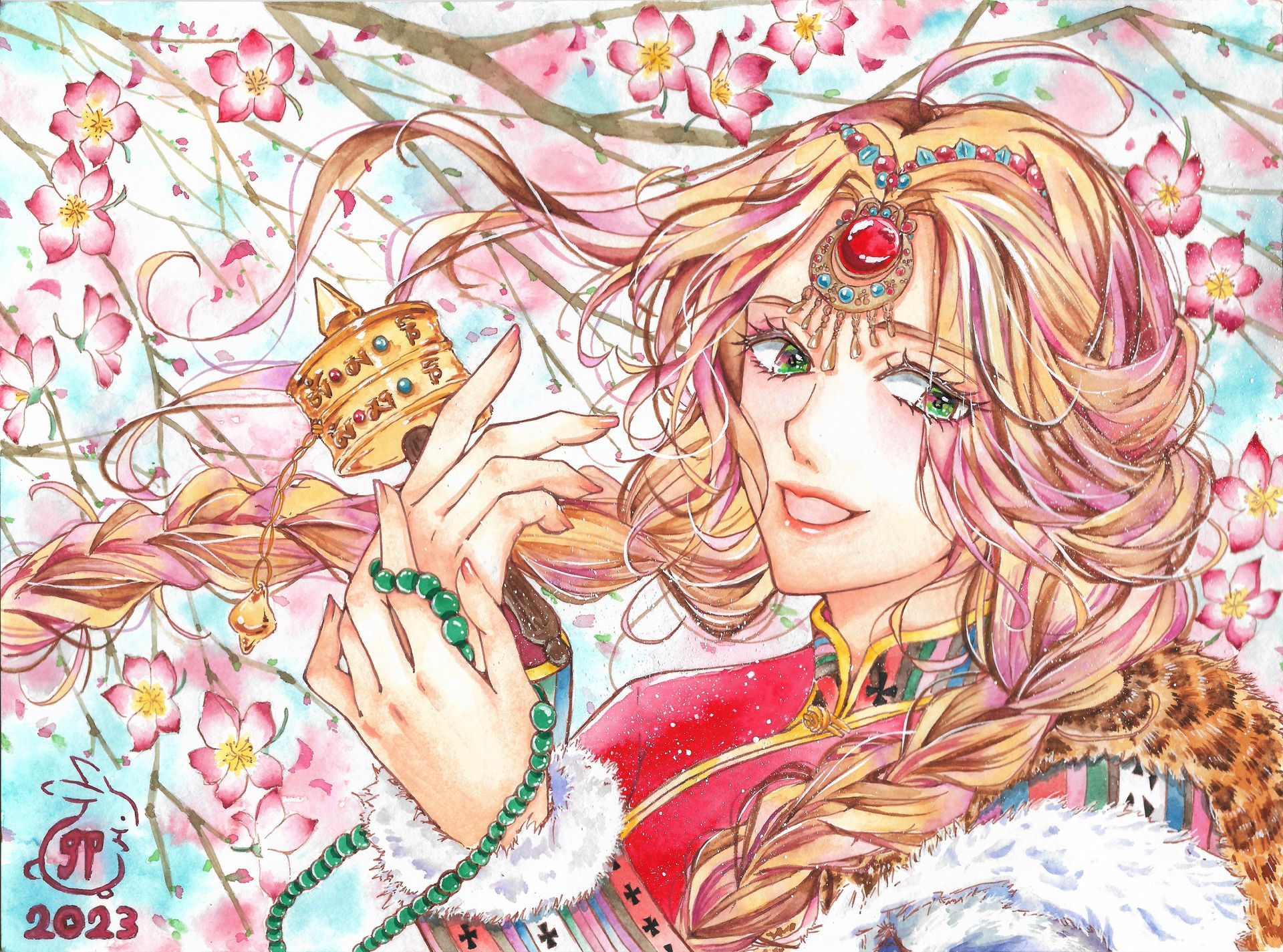 一幅女人在開滿鮮花的樹前提著燈籠的畫。