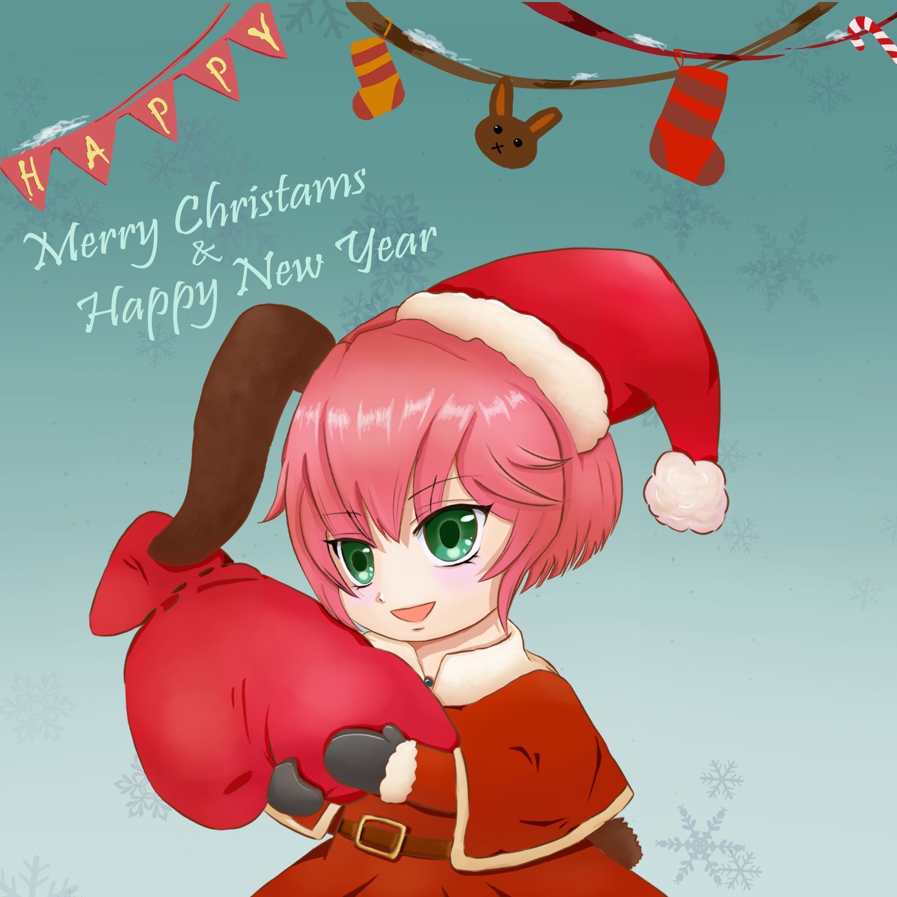 一個戴著聖誕老人帽子的女孩拿著一個袋子,說聖誕快樂,新年快樂