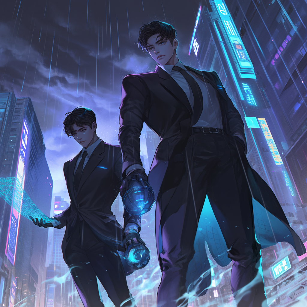 Two men in suits and ties are standing next to each other in a futuristic city.