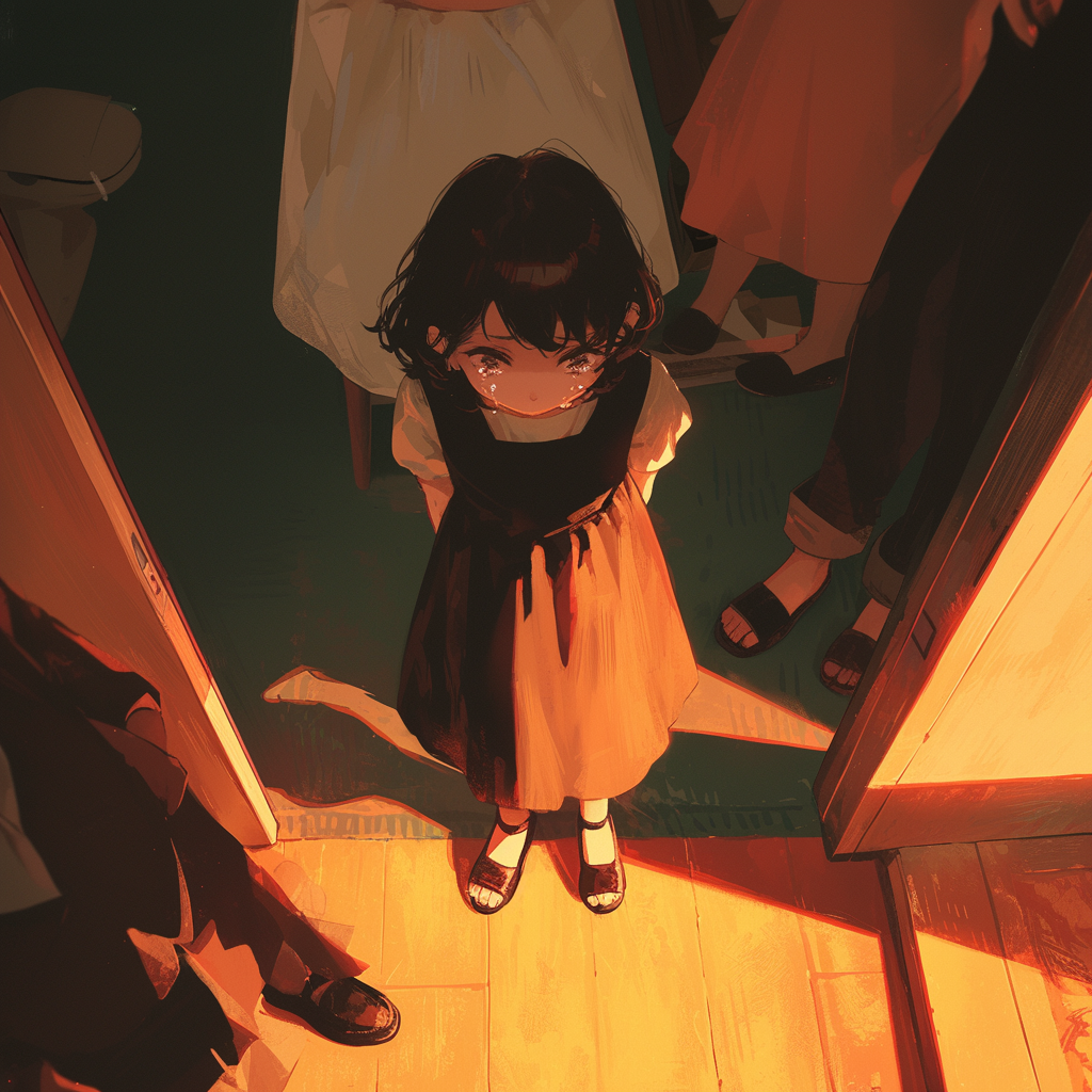 A little girl in a yellow dress is standing in a doorway looking up at the camera.