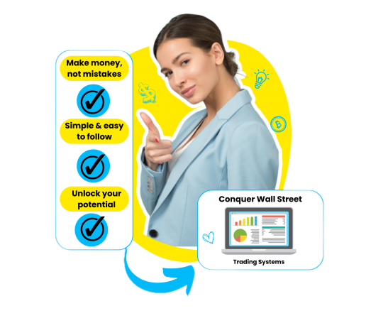 Image of a beautiful business woman promoting Conquer Wall Street's stock and crypto trading systems